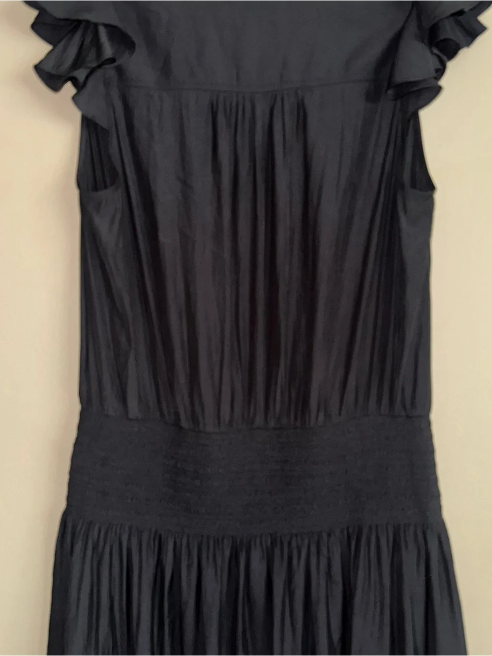 RAMY BROOK Black V Neck Smock Waist Midi Flutter Sleeve Satin Dress Size L
